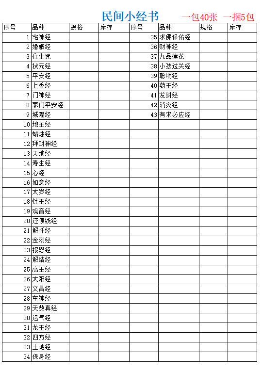民间小经书 目录 200张/捆  0.7