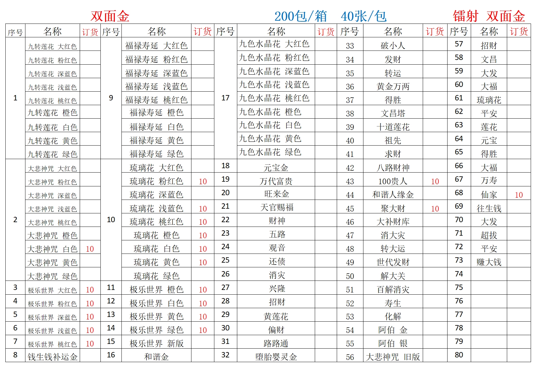 双面金 目录 400张/捆