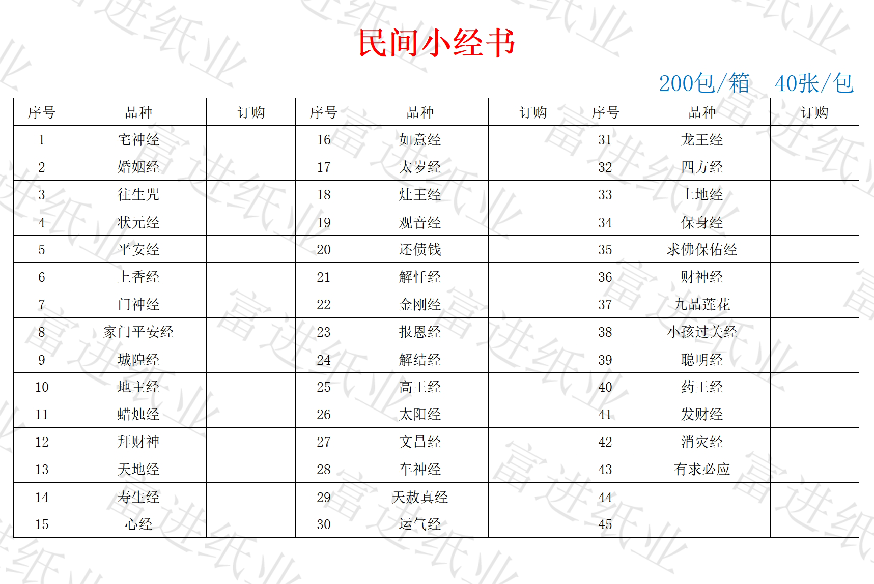 民间小经书 目录 200张/捆  0.7